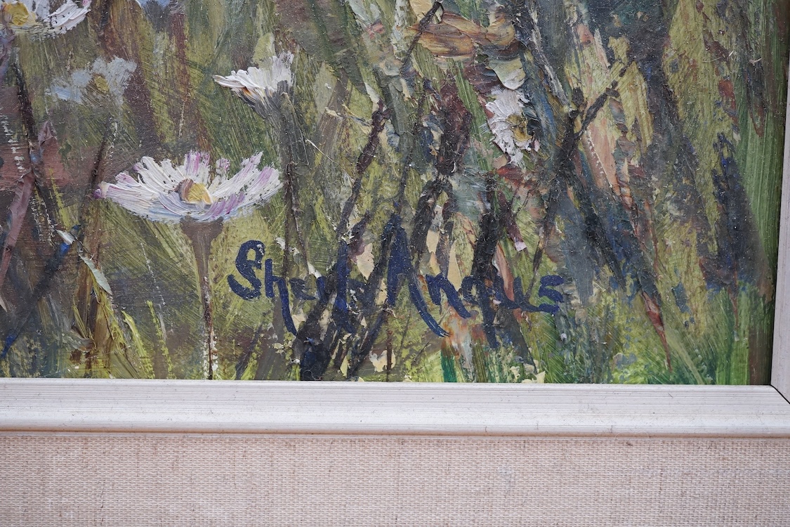 Sheila Angus (20th. C), oil on board, ‘May Flowers’, signed, 34 x 90cm. Condition - fair/good